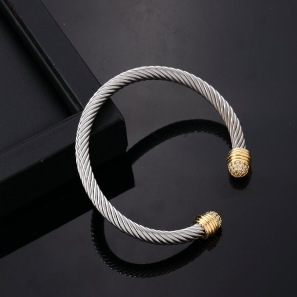 3/$35 Twist Silver Gold Stainless Steel Bangle Cuff Bracelet Cubic Zirconia - Picture 6 of 6